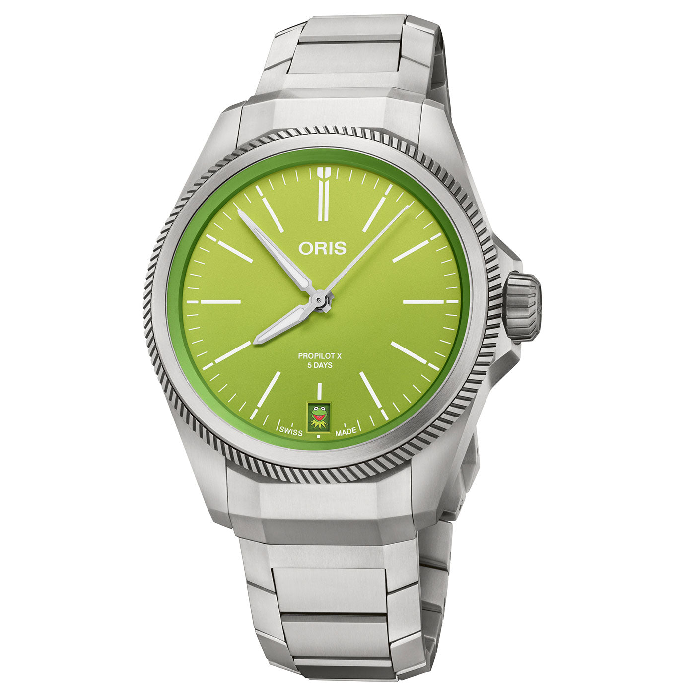 The Oris Propilot X Kermit Edition Automatic 39mm Watch by ORIS features a sleek, modern design with a stainless steel case. It includes a striking bright green dial adorned with silver hour markers and prominently displays the ORIS brand name. The watch is complemented by a metal link bracelet.