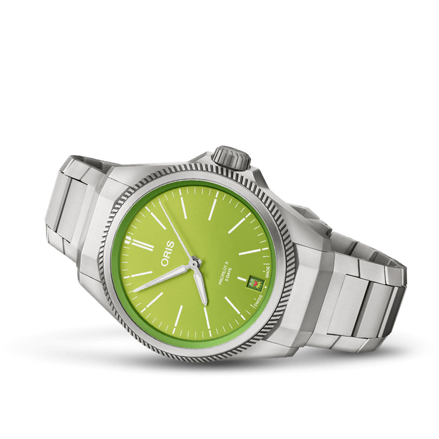 The ORIS Propilot X Kermit Edition Automatic 39mm Watch showcases a bright green dial with silver hour markers and hands. The brand name is prominently displayed on the dial, and it is paired with a metal bracelet featuring a classic clasp.
