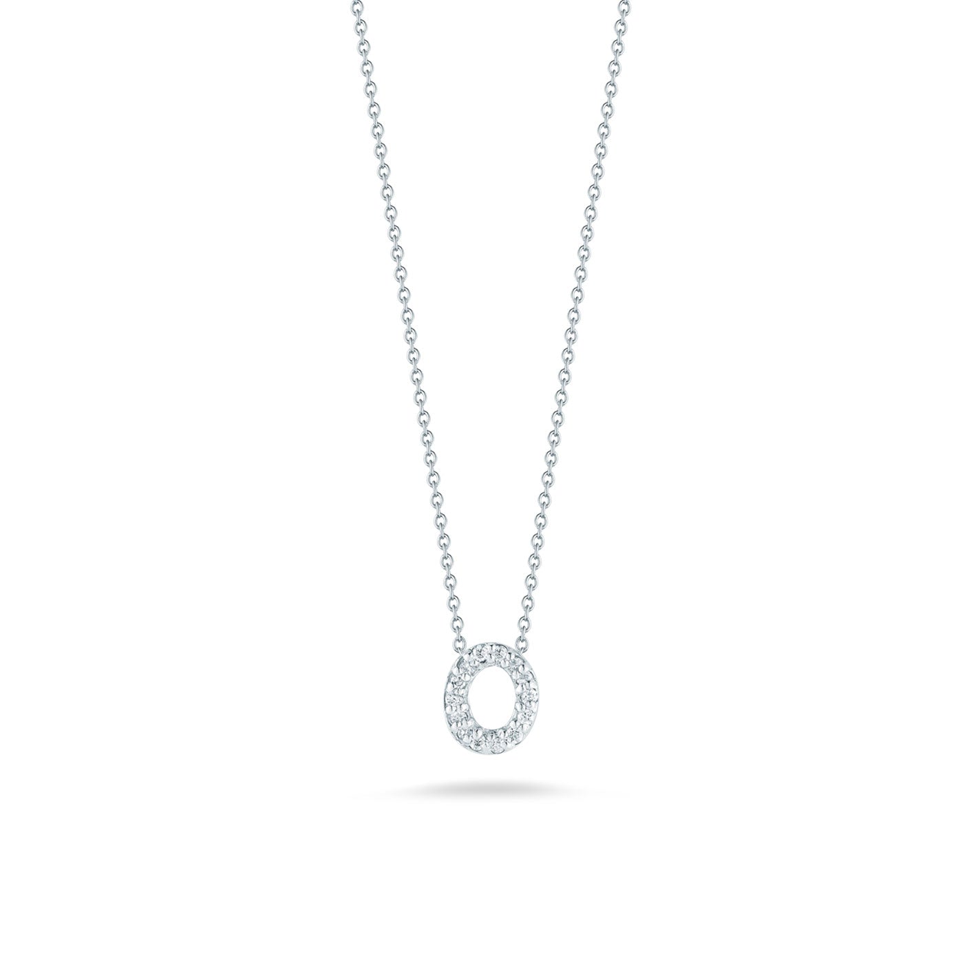 A delicate white gold necklace by Roberto Coin showcases an initial pendant adorned with small sparkling diamonds, suspended from a fine chain. The timeless luxury piece, named the Roberto Coin Tiny Treasures 18K White Gold Diamond Initial Necklace Pendant, is centered in the image against a plain white background.