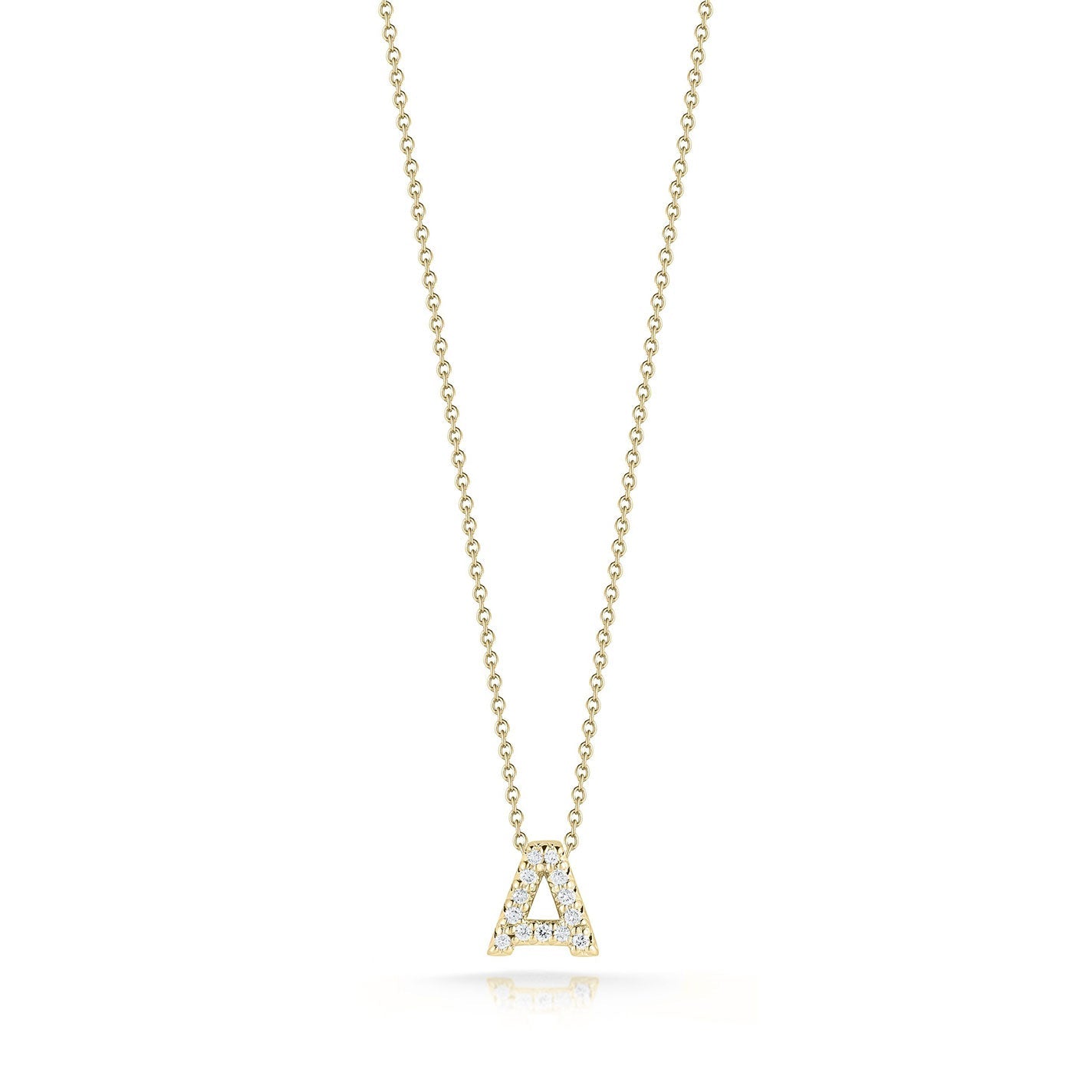 The Roberto Coin Tiny Treasures Love Letter 18K Yellow Gold Diamond Initial Necklace Pendant features a diamond-adorned pendant in the shape of the letter "A," crafted from 18 Karat Yellow Gold. This exquisite design by Roberto Coin elegantly hangs at the center against a white background.