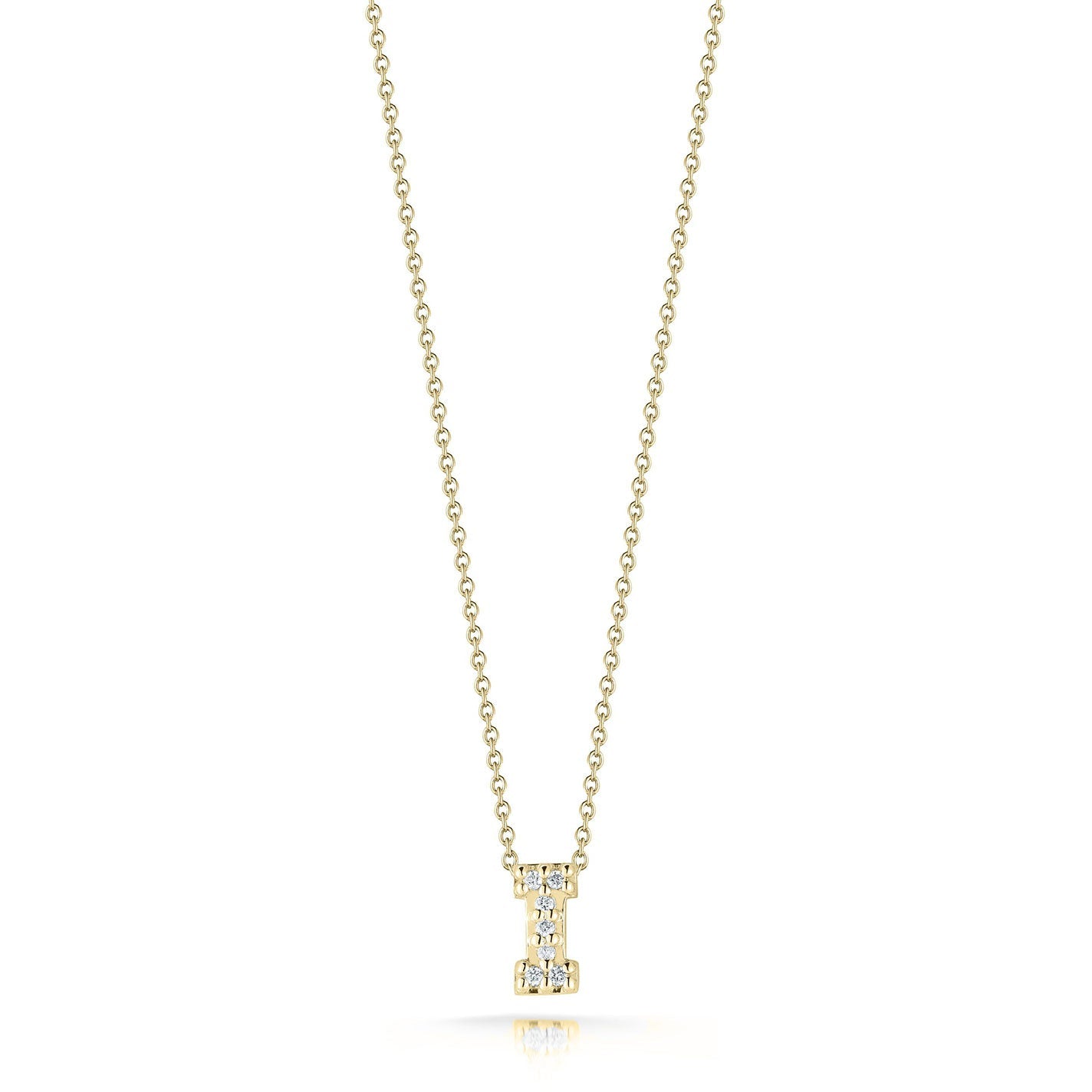 The Roberto Coin Tiny Treasures Love Letter 18K Yellow Gold Diamond Initial Necklace Pendant features a delicate chain and an intricately crafted "I" initial pendant, adorned with shimmering round diamonds. Set against a plain white background, this elegant piece by Roberto Coin is truly captivating.