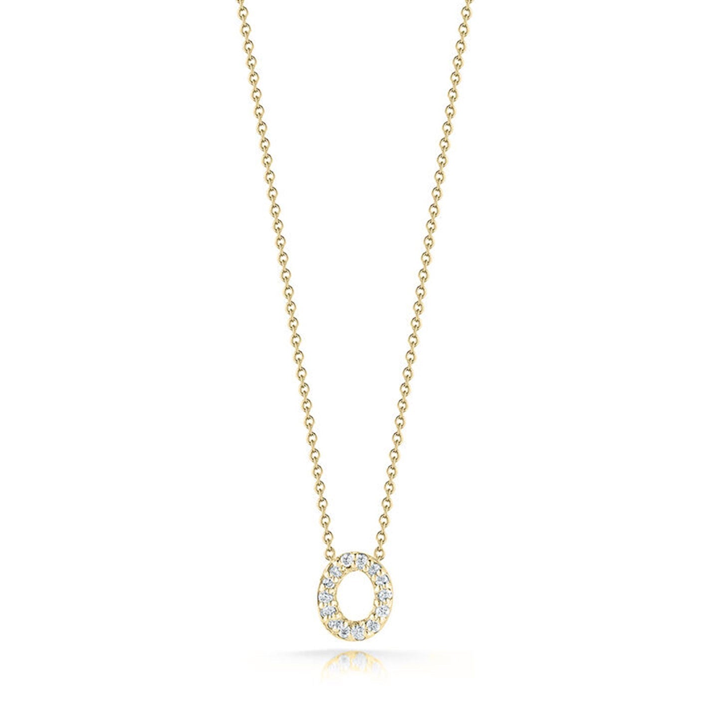 The Roberto Coin Tiny Treasures Love Letter 18K Yellow Gold Diamond Initial Necklace Pendant beautifully features a circular diamond pendant. Part of the renowned Tiny Treasures Collection, this necklace boasts a simple and elegant design with an open circle that delicately hangs from the chain, adding a touch of sophistication.