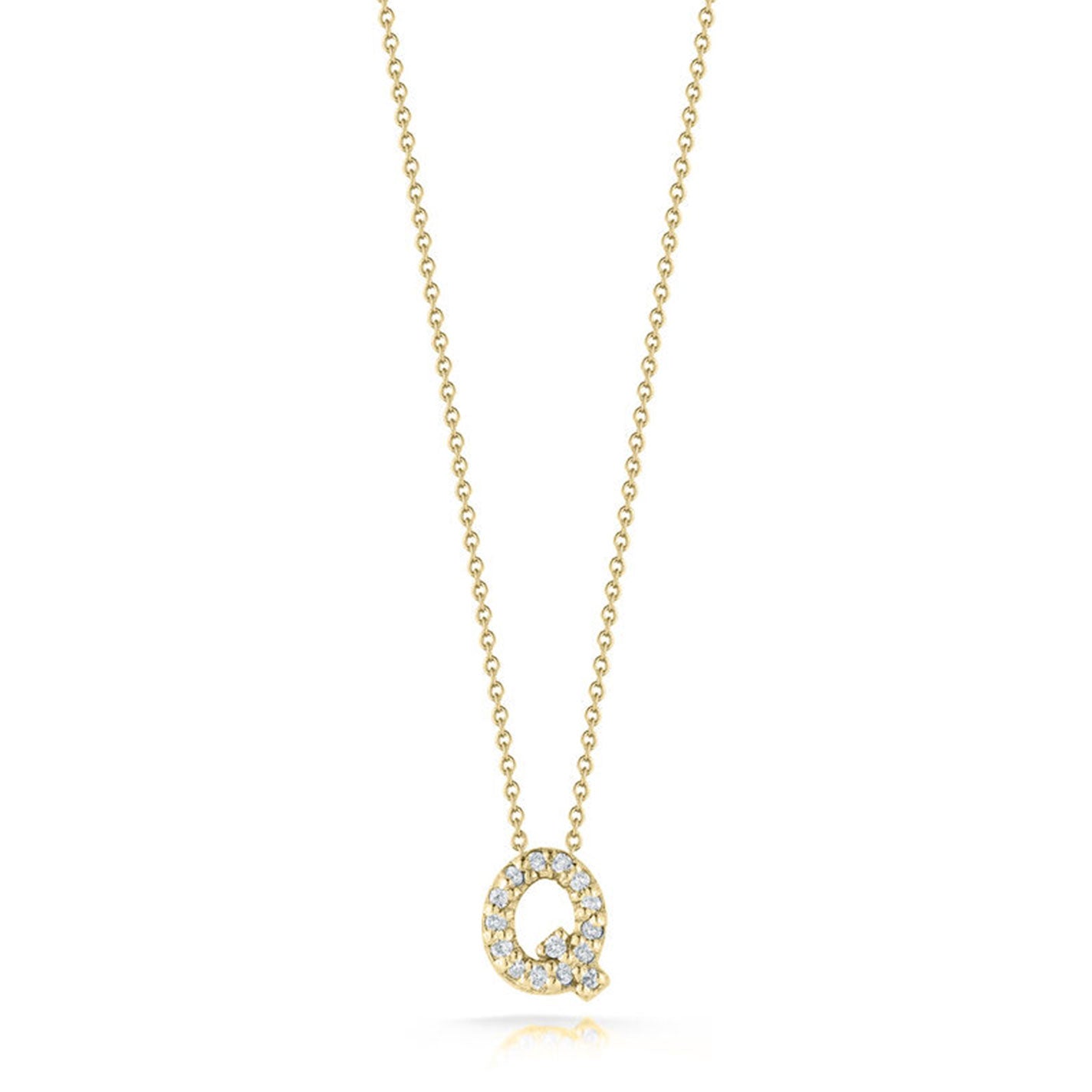 The exquisite Roberto Coin Tiny Treasures Love Letter 18K Yellow Gold Diamond Initial Necklace Pendant, showcasing a brilliant "Q" embellished with sparkling diamonds, is ideal for adding a touch of elegance to any outfit.
