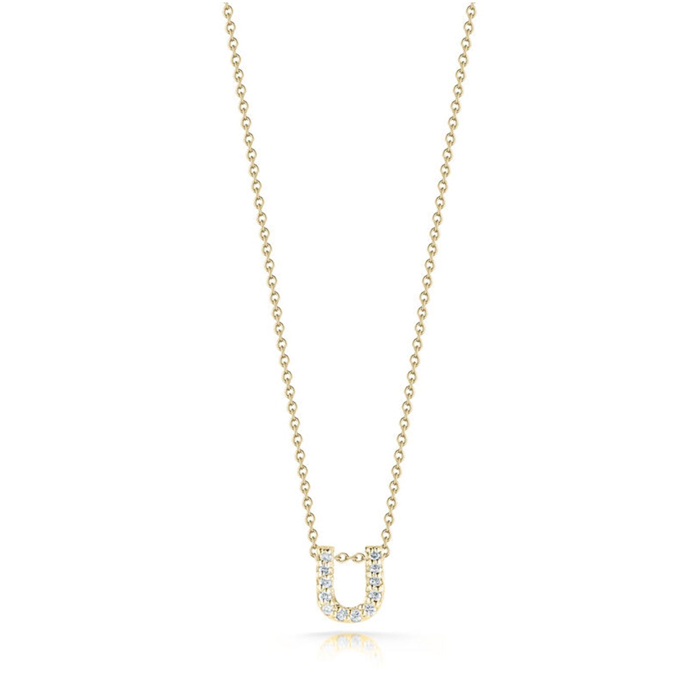 The Roberto Coin Tiny Treasures Love Letter 18K Yellow Gold Diamond Initial Necklace Pendant is a stunning piece from the renowned brand, featuring an initial pendant in the shape of "U" and embellished with round, sparkling diamonds.