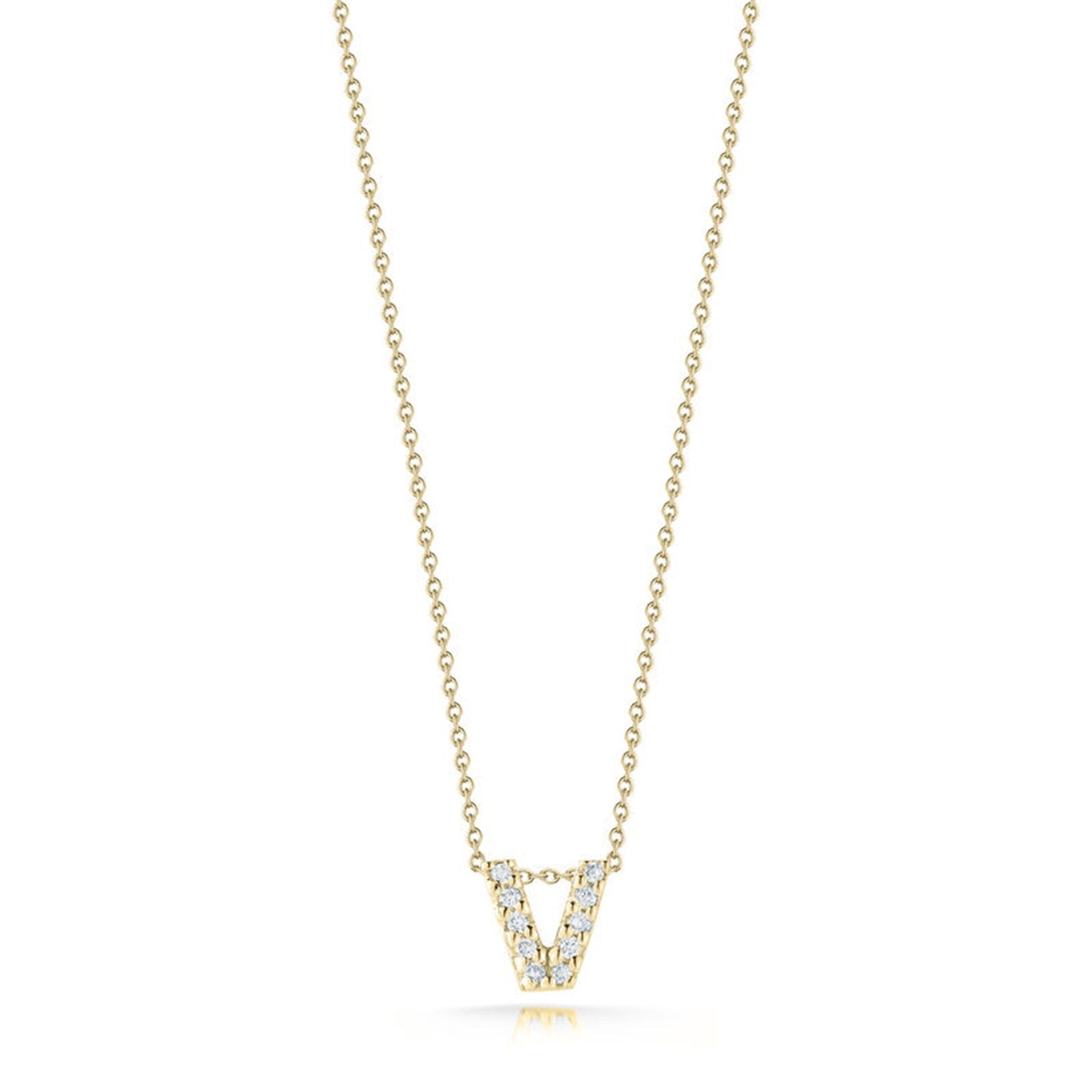 The Roberto Coin Tiny Treasures Love Letter necklace features an 18 Karat yellow gold initial 'V' pendant adorned with sparkling diamonds, centrally displayed on a delicate gold chain.