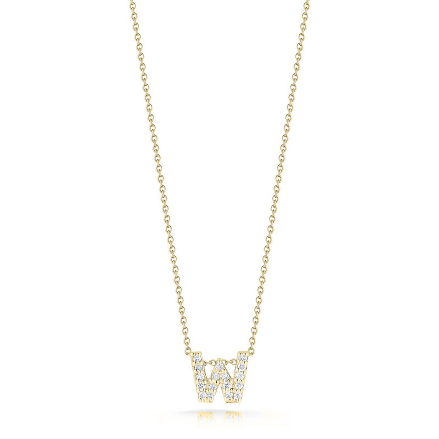The Roberto Coin Tiny Treasures Love Letter 18K Yellow Gold Diamond Initial Necklace Pendant showcases an exquisite "W" charm encrusted with diamonds. The fine and elegant chain from Roberto Coin perfectly complements this sparkling letter pendant.