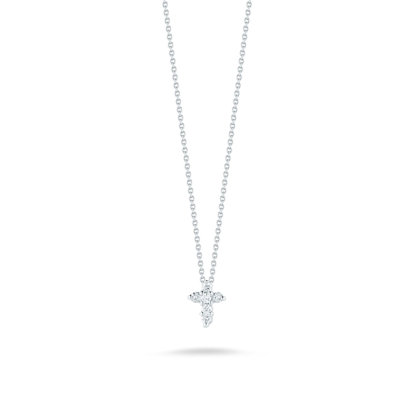 The Roberto Coin Tiny Treasures 18K White Gold Diamond Cross Necklace Pendant showcases a delicate design with its thin white gold chain and shimmering diamonds, elegantly positioned against a simple white background.