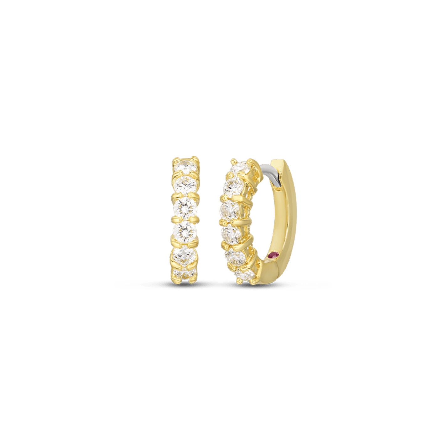The Roberto Coin Perfect Diamond 18K Yellow Gold Huggie Diamond Earrings, part of the exquisite Diamond Collection, are shown against a plain white background with one earring presented from the front and the other from the side, each adorned with sparkling white gemstones.