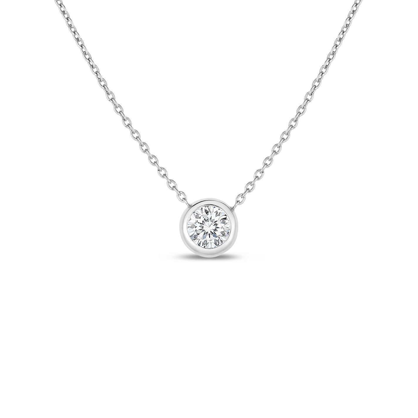 This stunning creation from Roberto Coin, the Diamonds By The Inch Collection, showcases a delicate necklace featuring a solitaire diamond pendant elegantly bezel set in 18K white gold, all highlighted against a pristine white background.