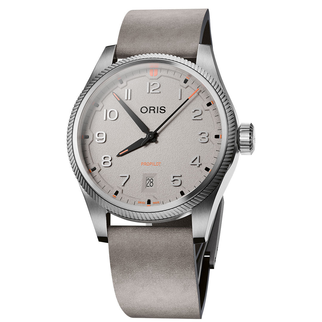 The ORIS Pro Pilot Date Automatic 41mm Watch features a silver stainless steel case, light gray dial, silver markers and hands, date window at 6 o’clock, grey leather strap, textured bezel, and is powered by the precise Calibre 733 movement.