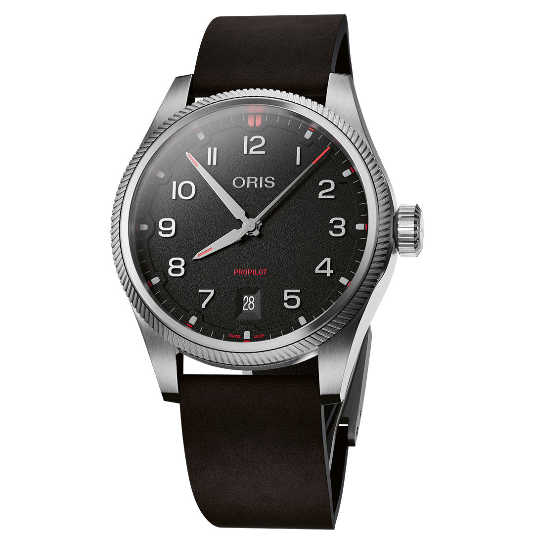 The ORIS Pro Pilot Date Automatic 41mm Watch features a stainless steel case, black dial with white numerals and red accents, Calibre 733 movement, date at 6 o’clock, silver hands and markers, and a black leather strap.