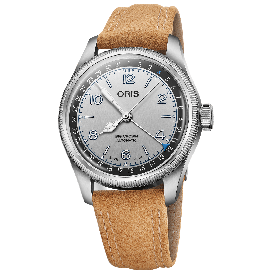 ORIS Big Crown Lou Gehrig Limited Edition Calibre 754-1 Automatic Winding 40mm Watch with a silver dial, pointer date hand, numerals, and a tan suede strap.
