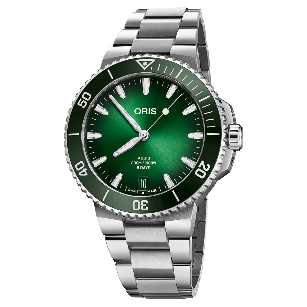A close-up of the ORIS Aquis Date Calibre 400 Automatic Winding 43.5mm Watch reveals its stainless steel design, green dial, and silver indices. This automatic piece includes a rotating bezel and date function while offering an impressive five-day power reserve. The wristwatch is complemented by a polished metal bracelet strap.