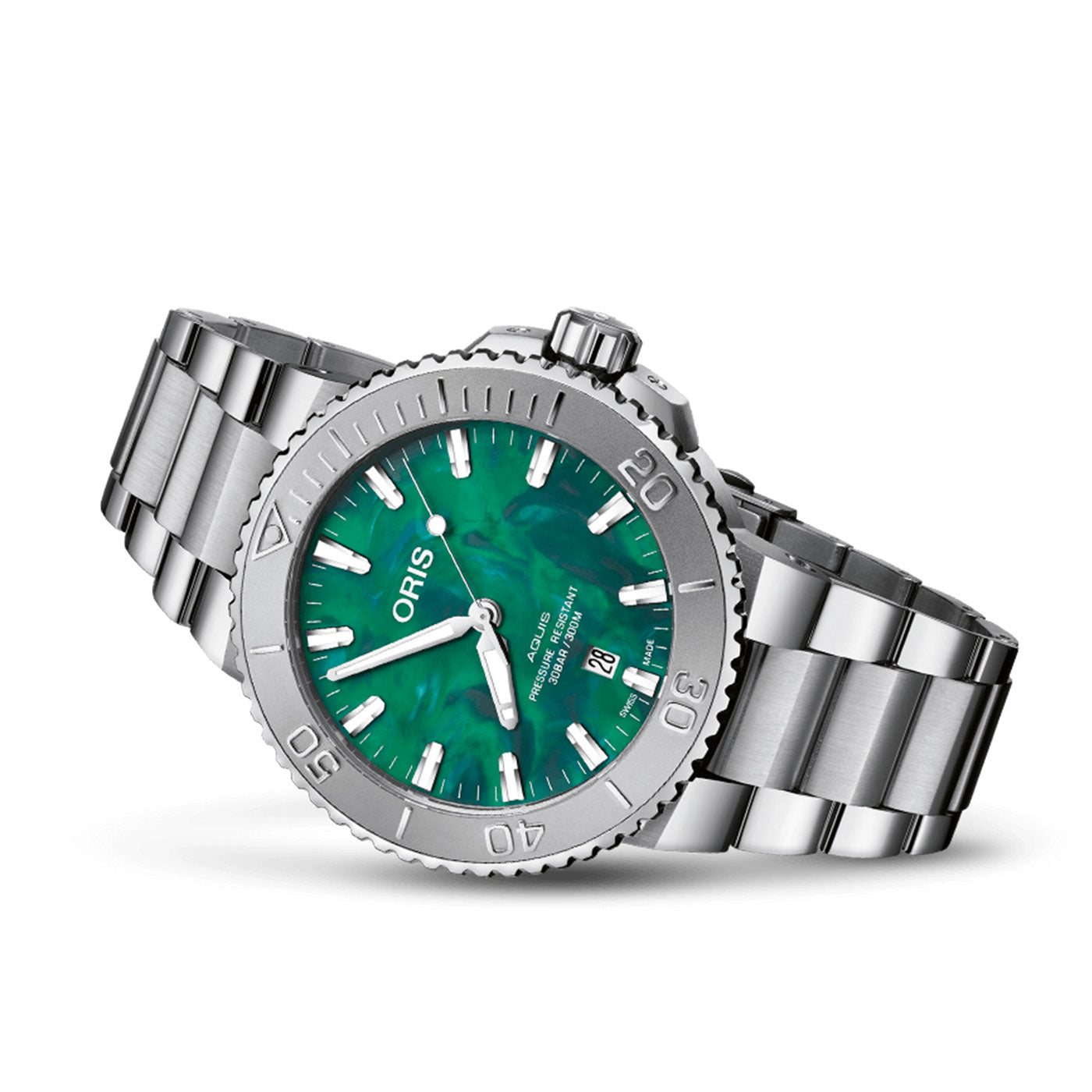 Explore the Oris Aquis X Bracenet Automatic 43.5mm Watch, a sophisticated timepiece featuring a metallic strap and a striking green marbled dial. The watch face is designed with large, easy-to-read hour markers and bold hands, all while prominently displaying the ORIS brand name.