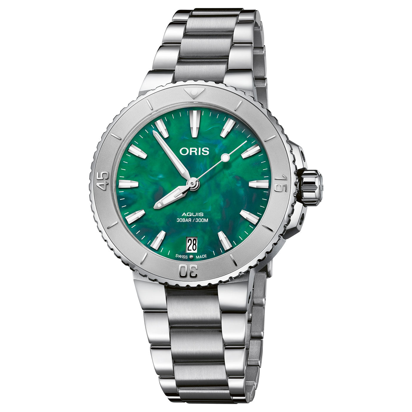 The Oris Aquis X Bracenet Automatic 36.5mm Watch features a silver stainless steel design, highlighting a striking turquoise face with bold hour markers and a date display at 6 o'clock. It includes a rotating bezel and prominently displays the ORIS brand name on the dial, completed with a matching stainless steel bracelet for a sleek finish.