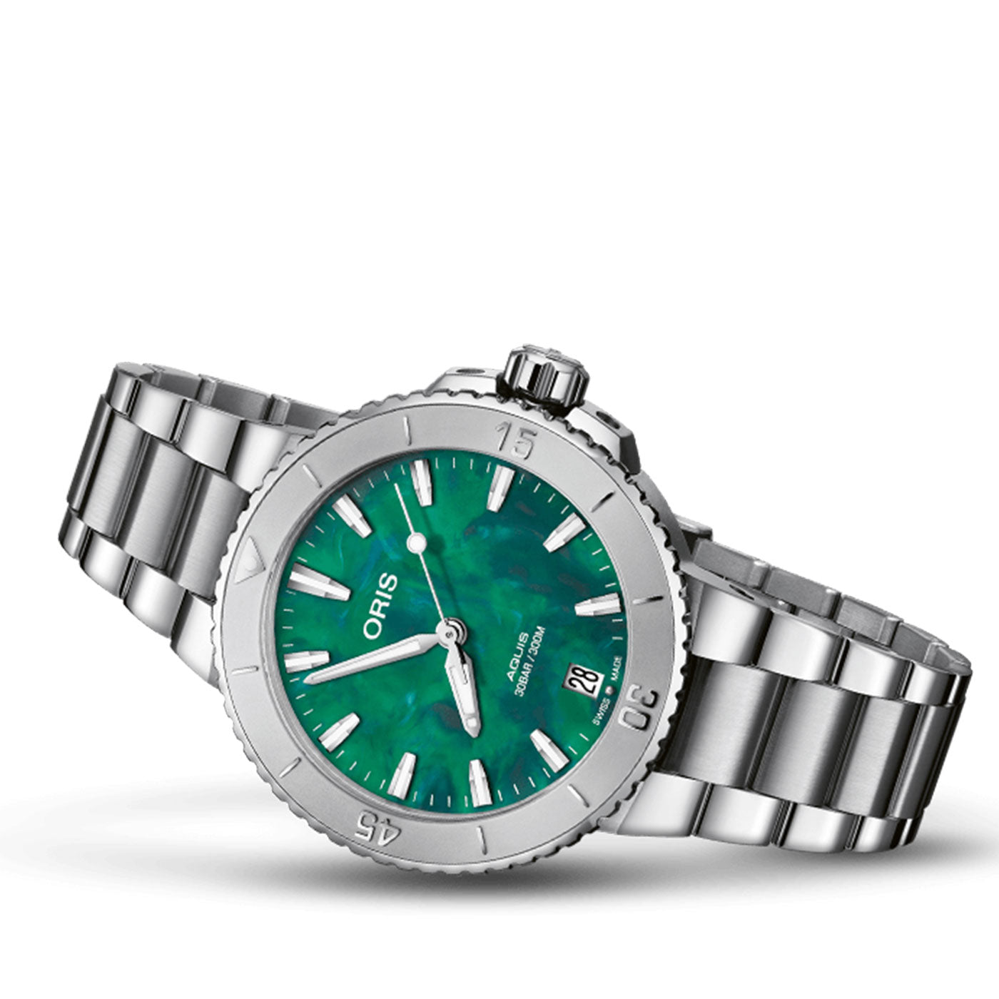 Introducing the Oris Aquis X Bracenet Automatic 36.5mm Watch by ORIS: an exquisite silver metal timepiece that boasts a green dial paired with white hour markers and prominently displays the ORIS brand name. This watch elegantly merges style with practicality, featuring a date function, a link bracelet, and a rotating bezel.