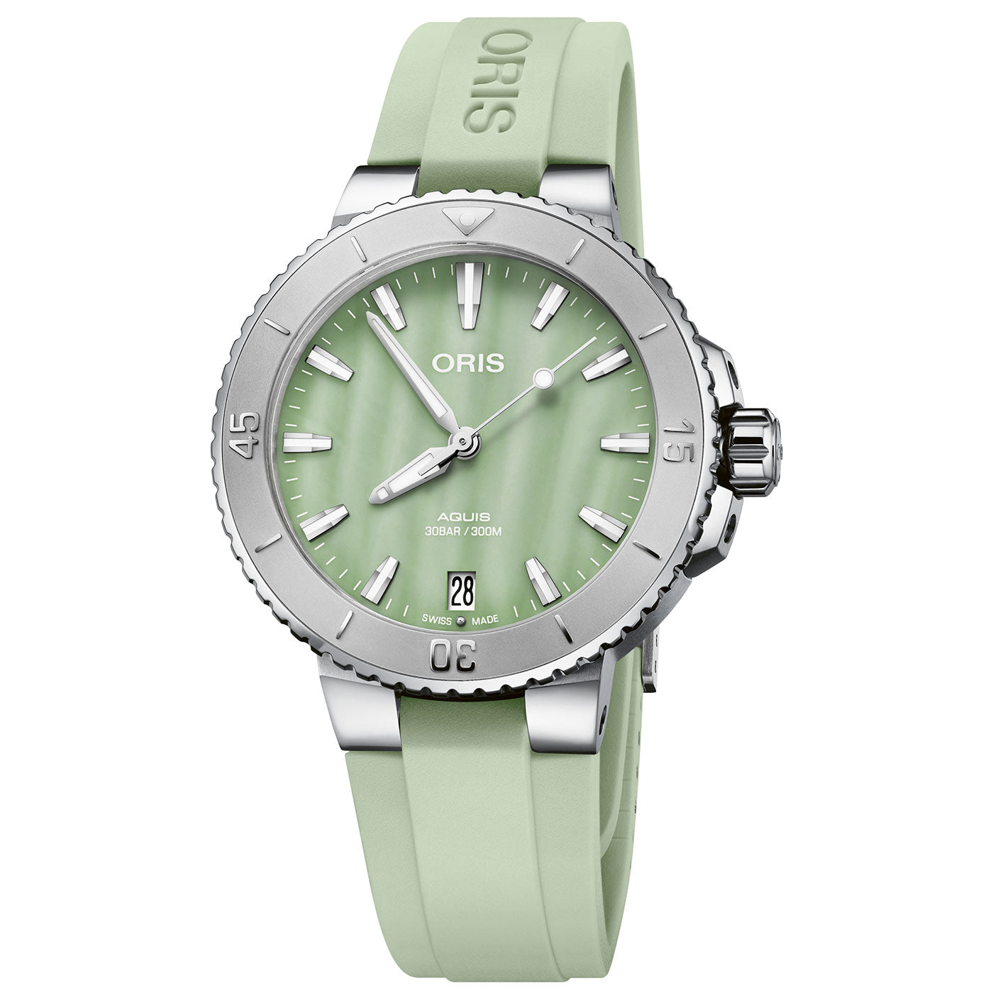 Introducing the Oris Aquis Date Automatic Winding 36.5mm Watch, a chic timepiece featuring a pale green face with a matching rubber strap. The design includes a silver bezel, luminescent hands and markers, and showcases "ORIS" elegantly at the top. Conveniently positioned at 6 o'clock is the date display.