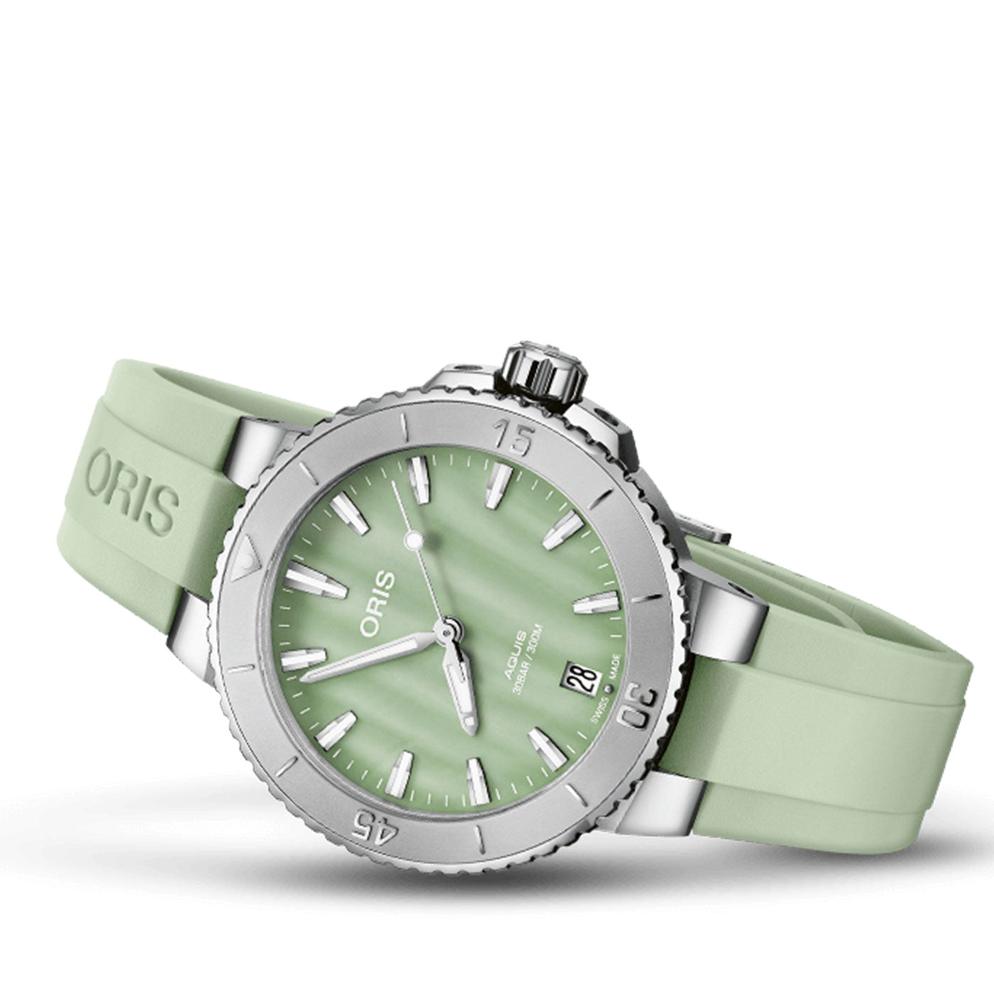 The Oris Aquis Date Automatic Winding 36.5mm Watch from ORIS features a stainless steel bezel paired with a mint green rubber strap. Its green dial is accentuated by silver indices and hands, complete with a date window located at the 6 o'clock position, offering both style and functionality.