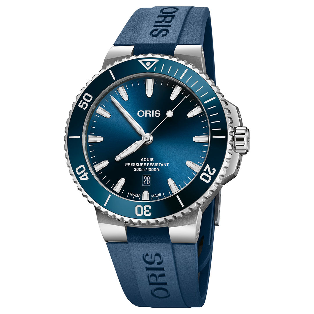 Discover the sophisticated Oris Aquis Date Automatic Winding 43.5mm Watch by ORIS, featuring a striking blue dial and a coordinating rubber strap embossed with the "Oris" logo. This elegant timepiece boasts white hour markers, a silver bezel with minute markings, and a convenient date window located at 6 o'clock, perfectly blending style with high-performance functionality.