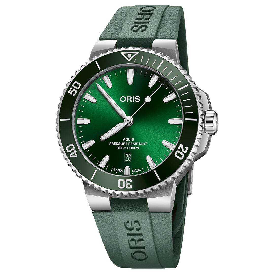This Oris Aquis Date Automatic Winding 43.5mm watch, a luxurious toolwatch from ORIS, features a green dial with white hour markers and a durable rubber strap. It is enhanced by a rotating green bezel with a ceramic insert and includes a date window at the 6 o'clock position. Boasting an impressive water resistance of up to 300 meters, this dive timepiece is designed for durability and style.