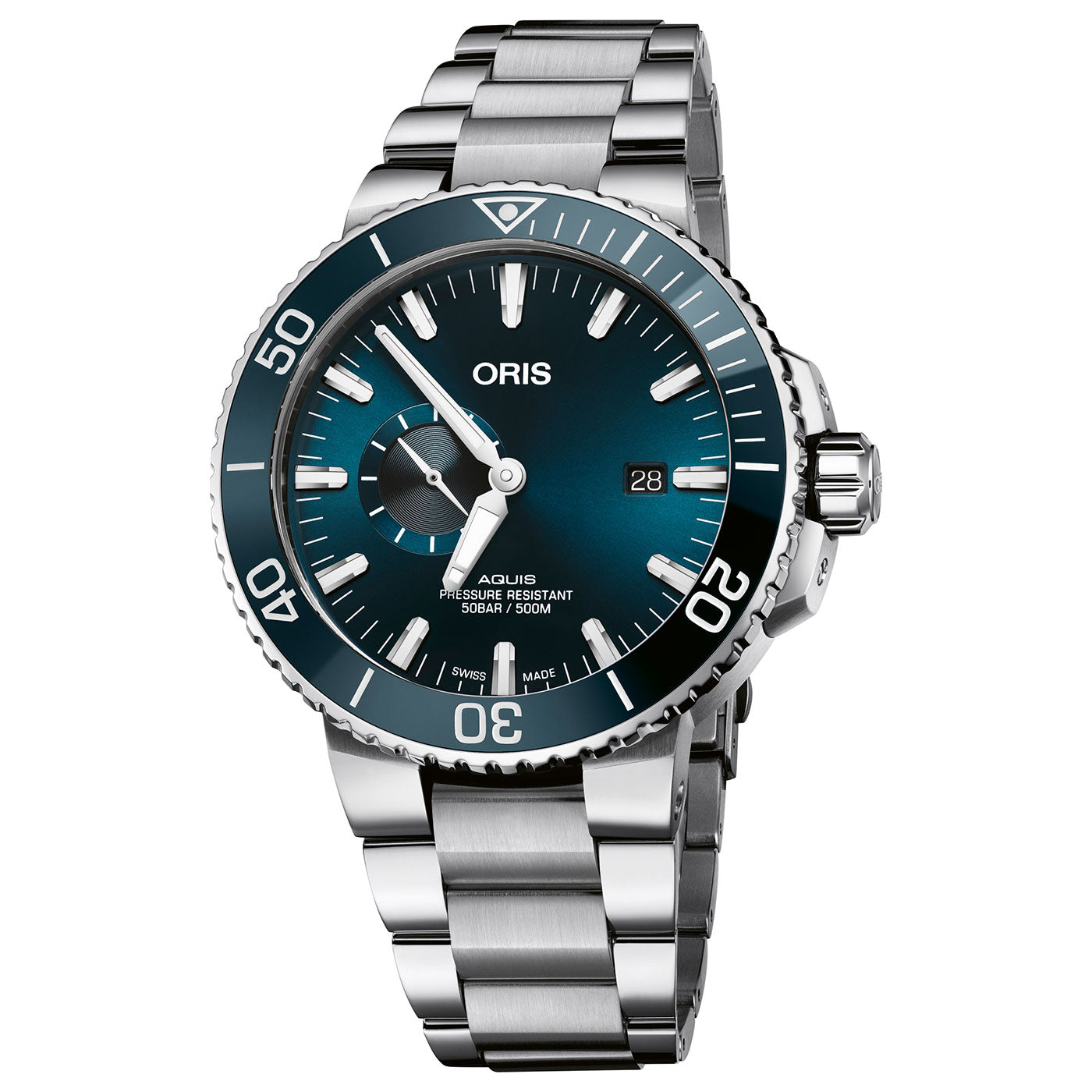 Introducing the Oris Aquis Small Second Date Automatic 45.5mm Watch by ORIS: a sophisticated stainless steel dive watch featuring a dark blue dial and bezel. It includes a date window at 3 o'clock, luminous hands, and hour markers. The bracelet is crafted from stainless steel with a fold-over clasp for secure wear.