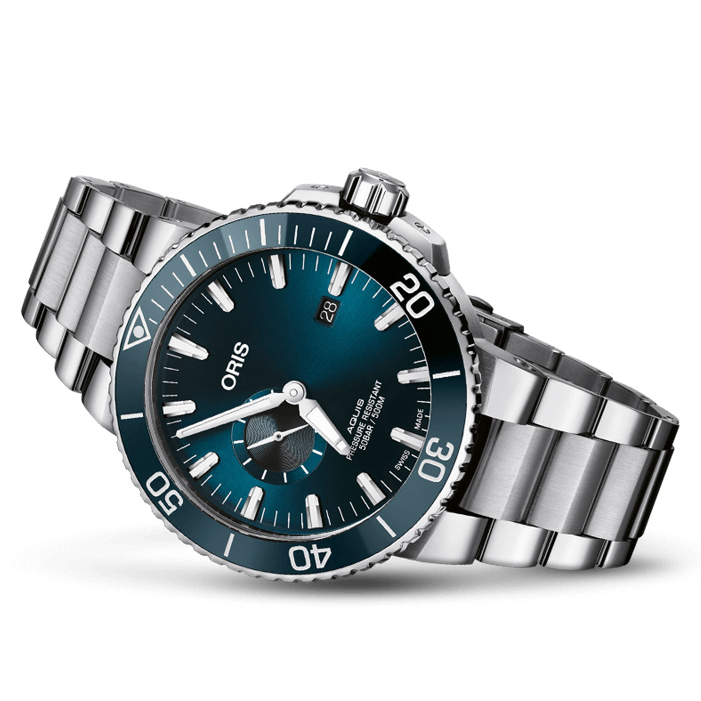 An Oris Aquis Small Second Date Automatic 45.5mm watch by ORIS, showcasing a silver tone with a sophisticated stainless steel band and an eye-catching blue dial. The bezel is distinctly marked for diving, accompanied by prominent hour markers and a date window, all perfectly angled to highlight its exquisite design and craftsmanship.