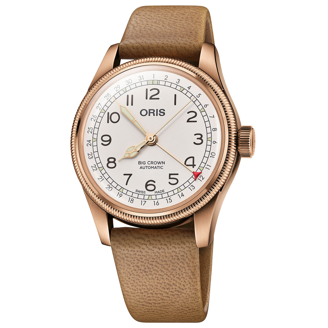 Introducing the Oris Big Crown Father Time Limited Edition Automatic Winding 40mm Watch by ORIS: a luxury wristwatch featuring a brown leather strap and gold-toned case. This special edition showcases a white dial with black Arabic numerals and a red-tipped date indicator, honoring the heritage of Marylebone Cricket Club.