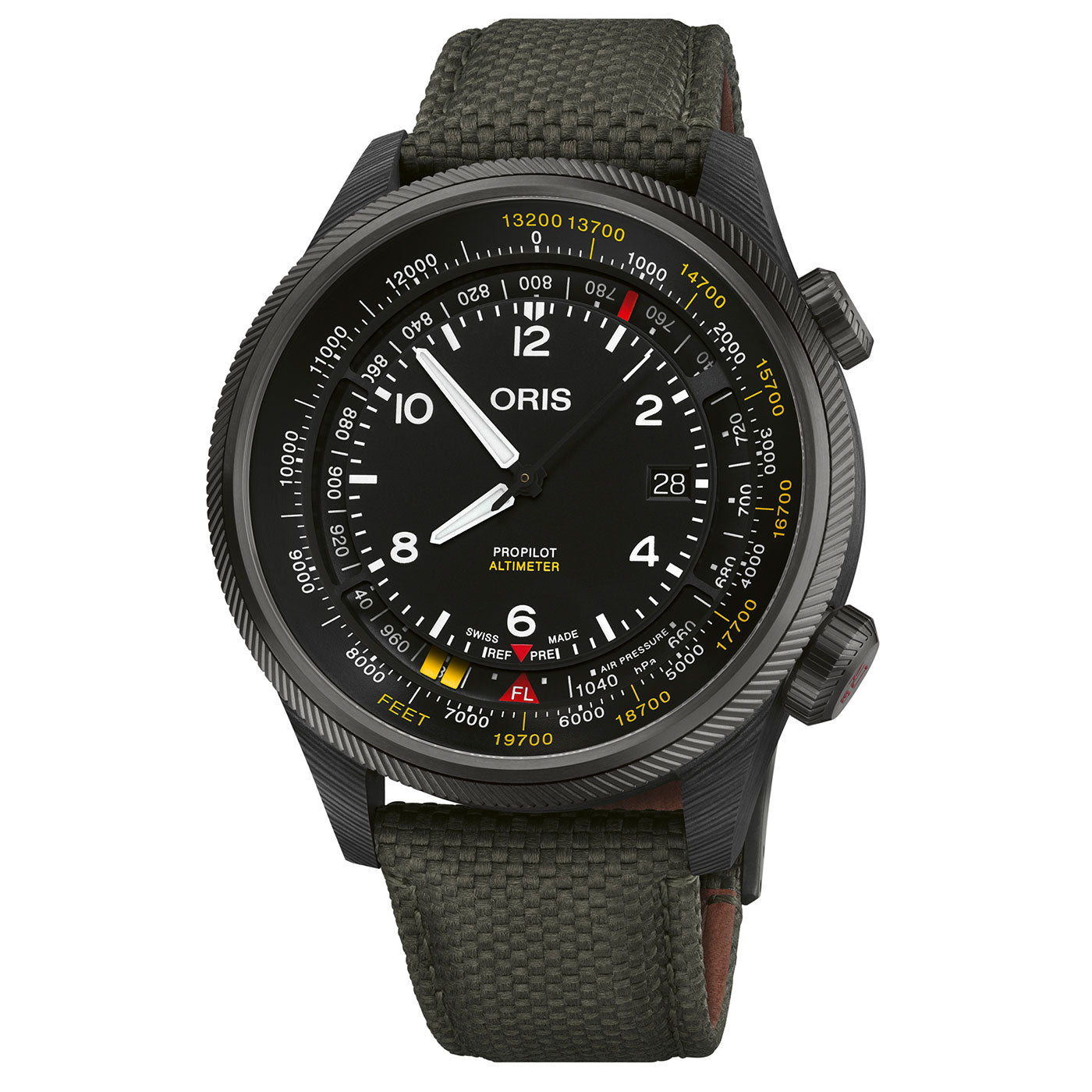 The ORIS ProPilot Altimeter Automatic 47mm Watch features a detailed dial with numbers and markings for altitude and time, enclosed in a black case and paired with a textured dark green strap.