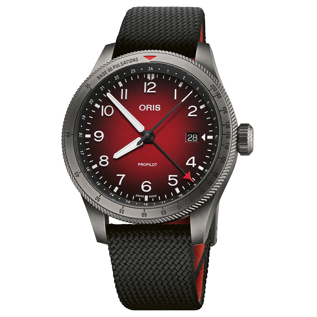 Explore the Oris ProPilot GMT Automatic 41.5mm Watch by ORIS, a sophisticated timepiece showcasing a black and red gradient dial accented with silver hour markers, paired with a sleek black fabric strap. Its rotating bezel and dual timezone feature make it an exceptional pilot's watch that masterfully balances style and utility, ideal for any traveler.