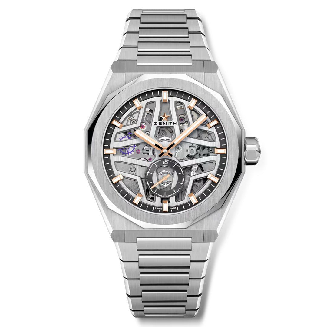 Discover the craftsmanship of the ZENITH Defy Skyline El Primero 3620 SK 41mm Watch, with its captivating skeleton dial and automatic movement. Its silver metallic band and luminescent hands offer sleek design, showcasing intricate El Primero gears.