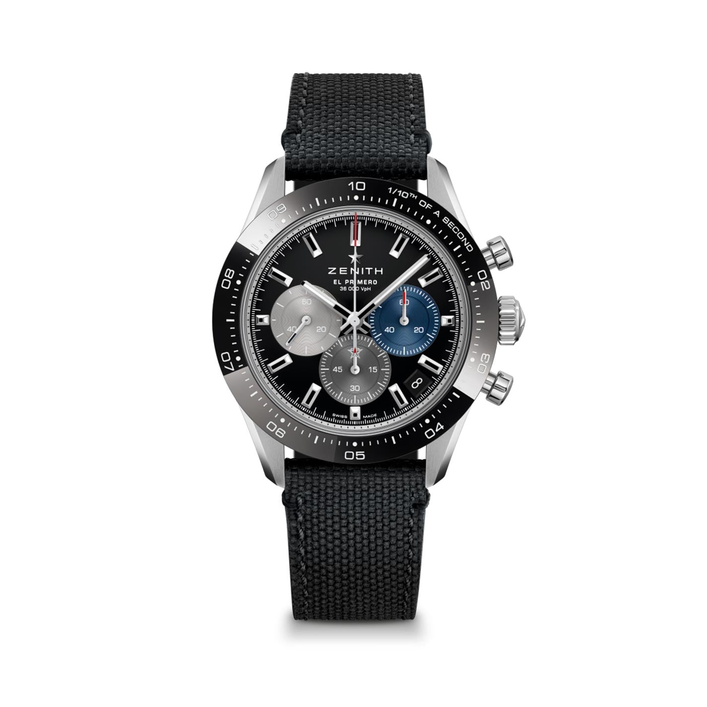 The ZENITH Chronomaster Sport El Primero 3600 Automatic Chronograph 41mm Watch showcases a sleek black dial with three sub-dials and an automatic chronograph movement. Its bezel is enhanced by a tachymetric scale, paired with a brushed silver case and a textured black strap. This watch leverages the acclaimed El Primero technology for exceptional precision.