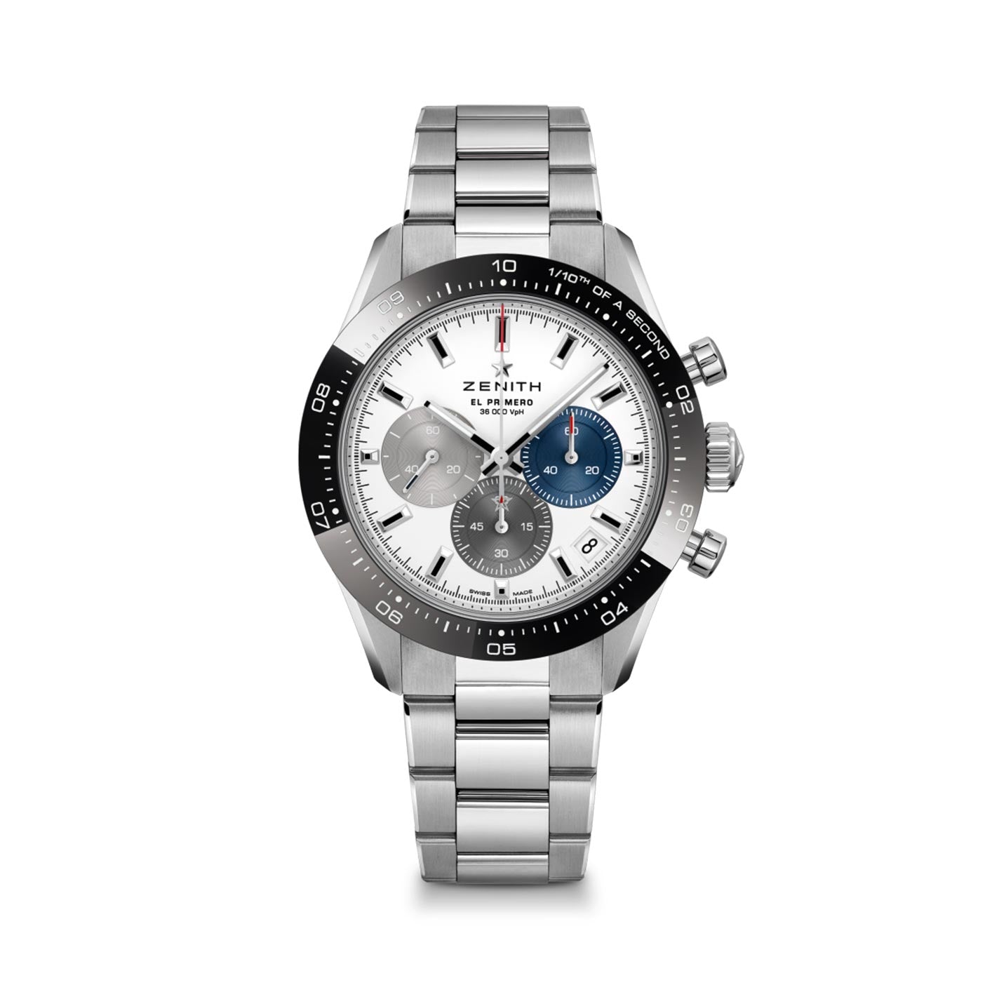 The ZENITH Chronomaster Sport El Primero 3600 Automatic Chronograph 41mm Watch, by Zenith, showcases a silver metal strap and an elegant design. It is distinguished by its white dial featuring El Primero 3600 movement, accented with three subdials in blue and grey, a date window, and a sophisticated ceramic bezel. Silver hour markers further enhance its timeless appeal.
