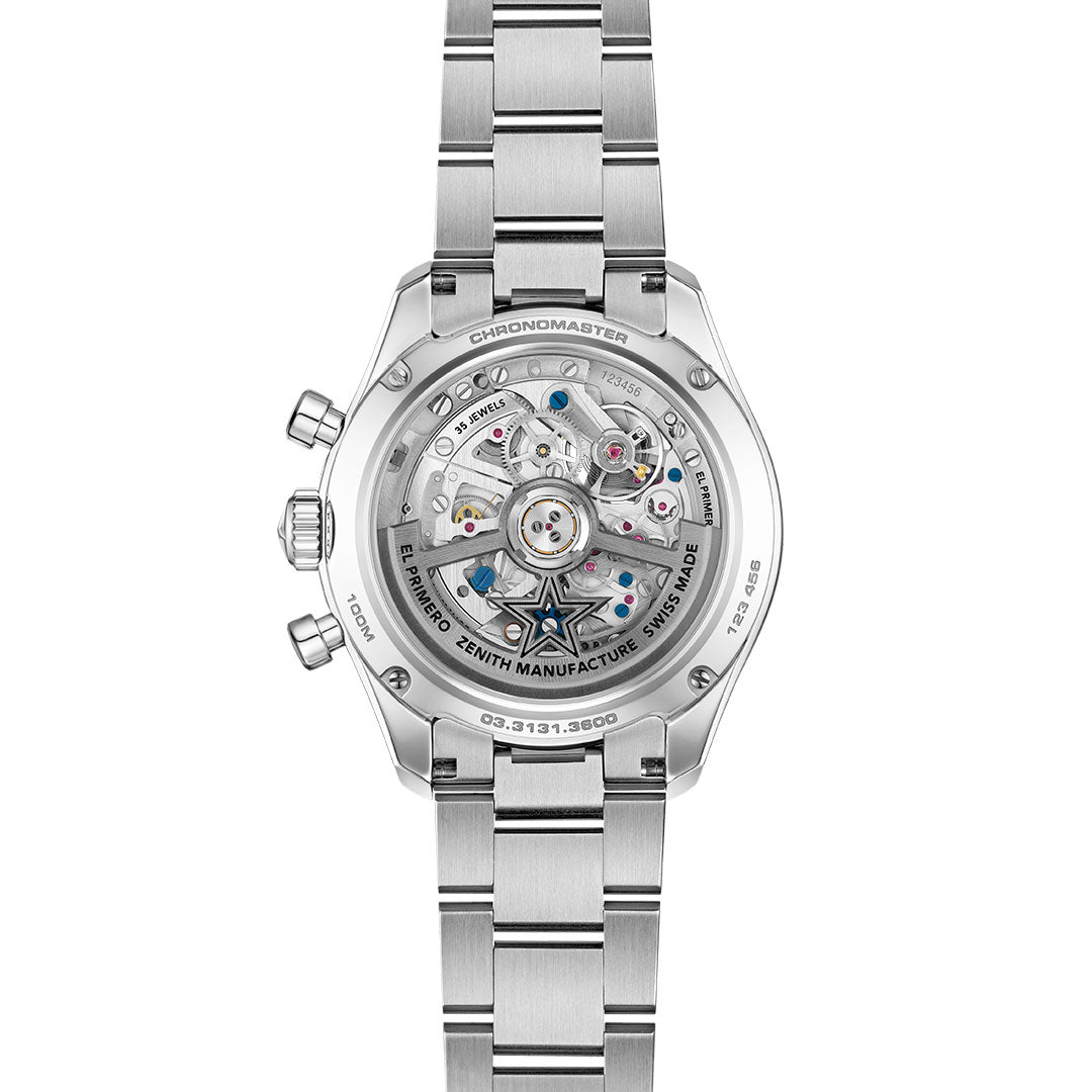 Back view of the Zenith Chronomaster Sport Skeleton El Primero 3600 SK Automatic Chronograph 41mm watch, displaying its intricate high-frequency movement through a transparent case back with “ZENITH MANUFACTURE” and specifications engraved along the edge.