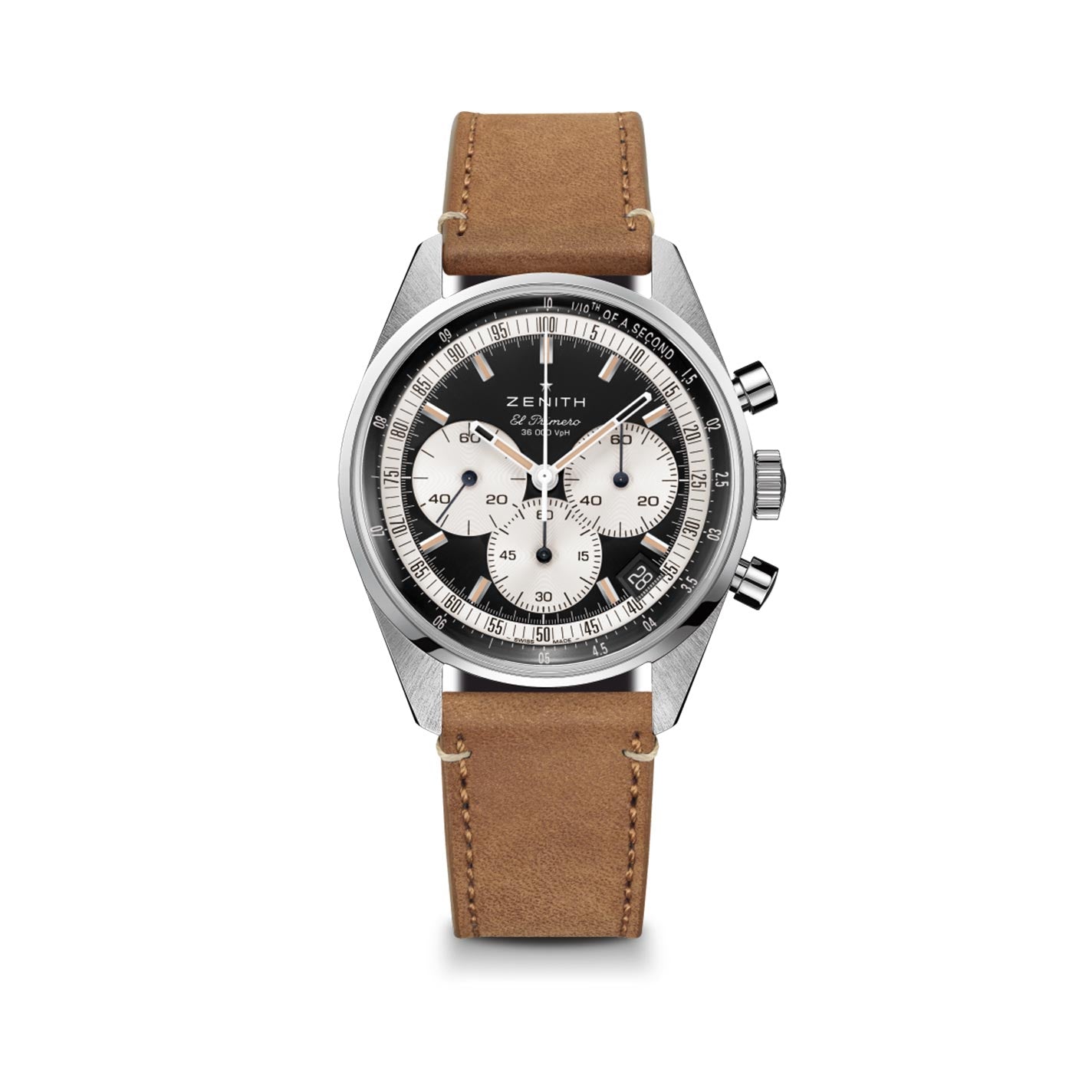 The ZENITH Chronomaster Original El Primero 3600 Automatic Chronograph 38mm Watch is beautifully crafted with a brown leather strap and a polished silver case. It showcases a reverse panda dial featuring a black face with three white subdials and silver hands. The "Zenith" brand name is prominently displayed, alongside two push buttons on the side, capturing the essence of the classic CHRONOMASTER Original design.