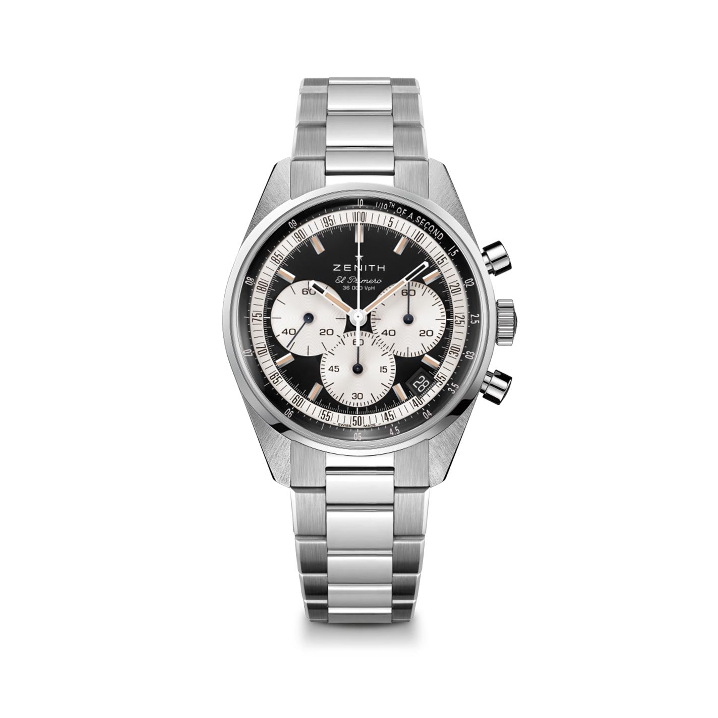 This wristwatch, the ZENITH Chronomaster Original El Primero 3600 Automatic Chronograph 38mm, features a stainless steel band and a sleek black and white dial. It includes three subdials, two pushers, and proudly showcases the renowned Zenith brand name on the upper section of its dial with the exceptional El Primero 3600 chronograph movement.