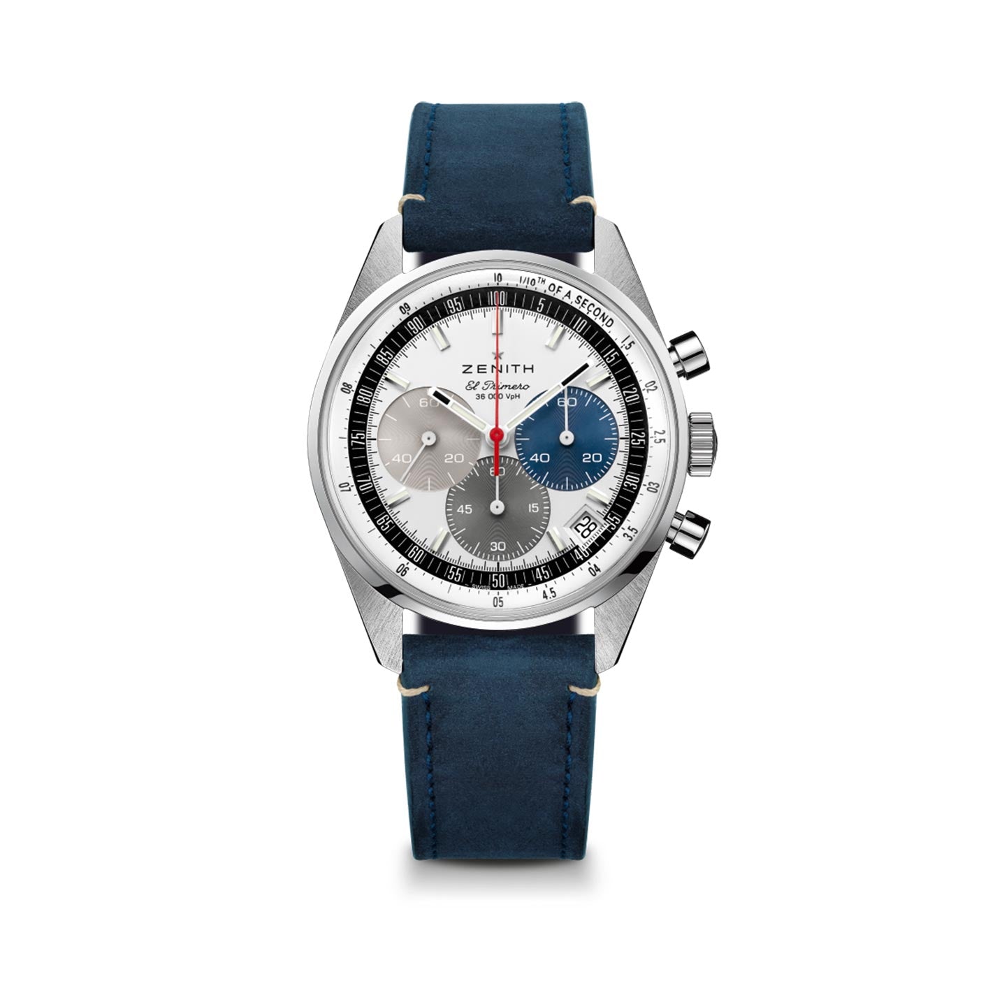 The ZENITH Chronomaster Original El Primero 3600 Automatic Chronograph 38mm Watch showcases a stainless steel case paired with a blue leather strap. Its tri-colour dial, featuring three sub-dials in hues of blue and gray, is surrounded by a black tachymeter scale, with the Zenith brand name prominently displayed below the 12 o'clock position.