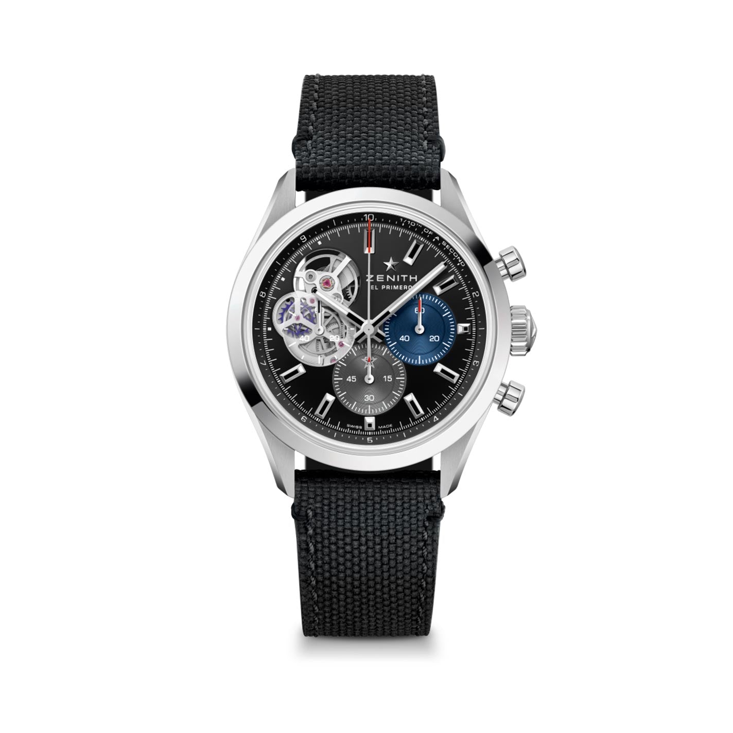 This luxurious ZENITH Chronomaster Open El Primero 3604 Automatic Chronograph watch, featuring a 39.5mm silver case and black strap, displays an intricate design. The black main dial is highlighted with silver accents and striking blue subdials, while an open section reveals the El Primero movement from Zenith.