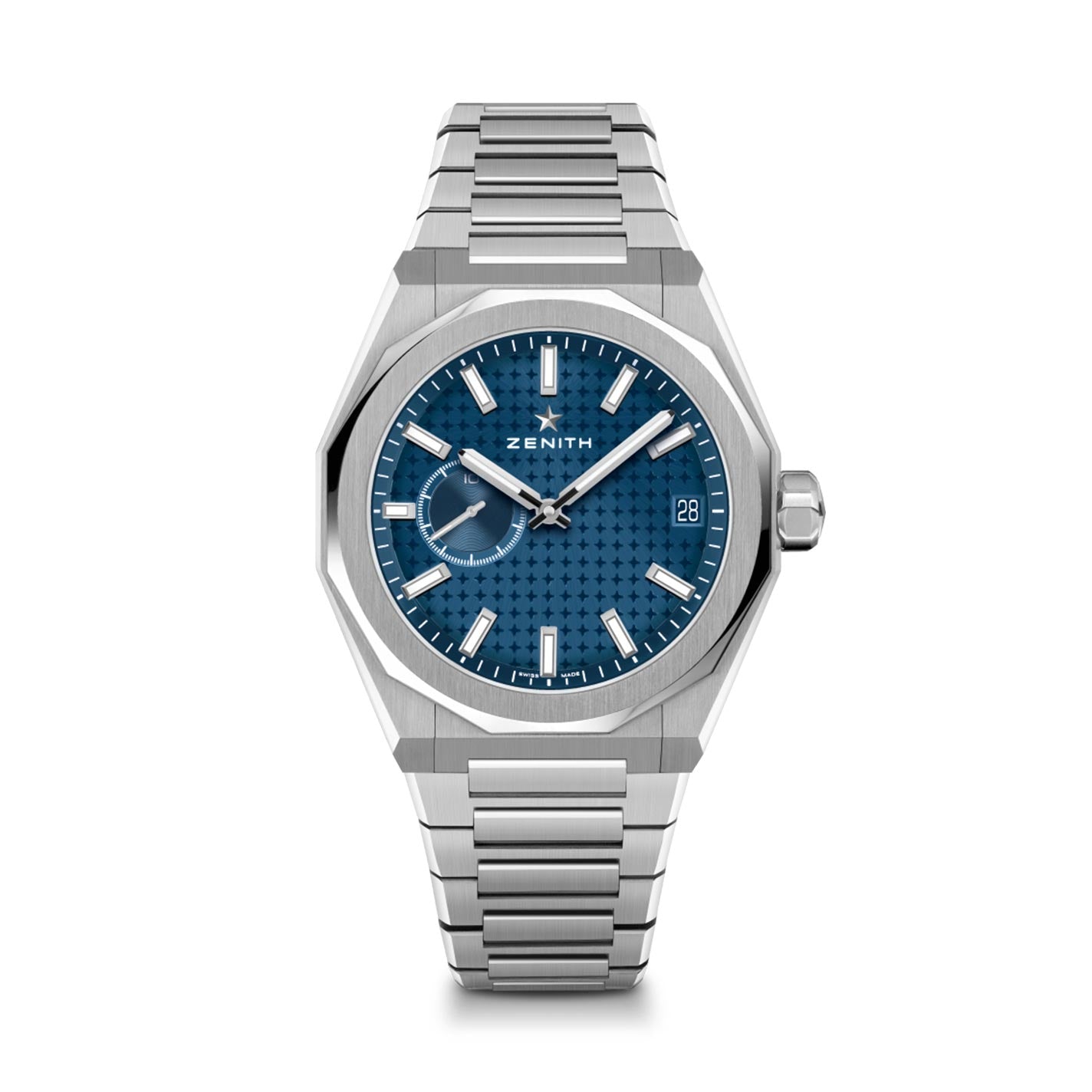 The ZENITH Defy Skyline El Primero 3620 Automatic 41mm Watch showcases a blue dial adorned with a geometric pattern and silver hour markers. It is distinguished by the iconic ZENITH four-pointed star and includes a date display at the 3 o'clock position. The stainless steel bracelet features a matching metallic link design, enhancing its seamless elegance.