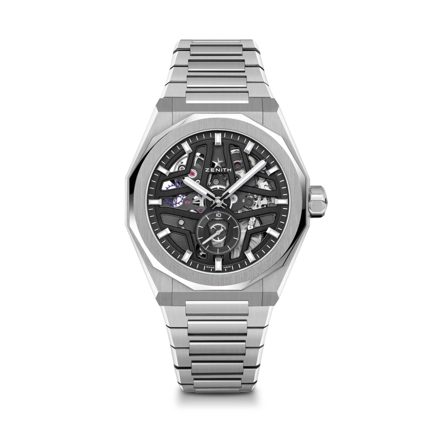 The ZENITH Defy Skyline Skeleton El Primero 3620 SK Automatic 41mm Watch is an elegant stainless steel timepiece featuring an open-worked dial that beautifully displays its intricate mechanics. It boasts a hexagonal case and comes with an interchangeable steel bracelet, exemplifying fine craftsmanship and modern design elements.