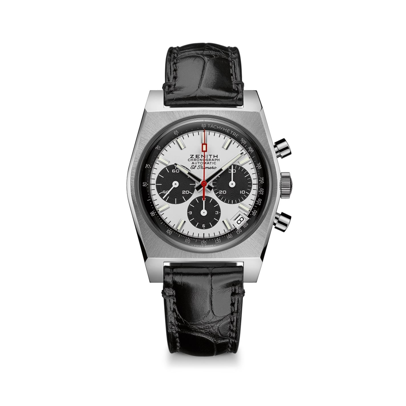 The ZENITH Chronomaster Revival El Primero A384 is a 37mm chronograph watch from Zenith, featuring a striking panda dial with an automatic mechanism. It includes a tachymeter scale and three subdials, paired with a black leather strap that boasts a crocodile pattern and silver hardware.