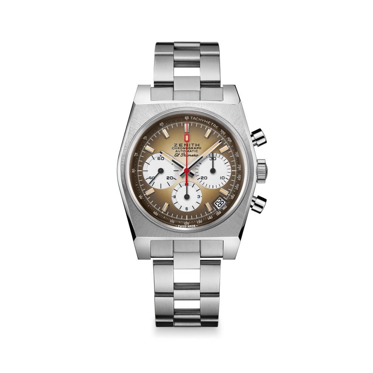 The Zenith Chronomaster Revival El Primero A385 Chronograph 37mm Watch features a stainless steel wristwatch with a silver metal band and a rich brown dial. The face is adorned with three sub-dials, baton hour markers, an angular bezel, and a convenient date function near the 4 o'clock position.
