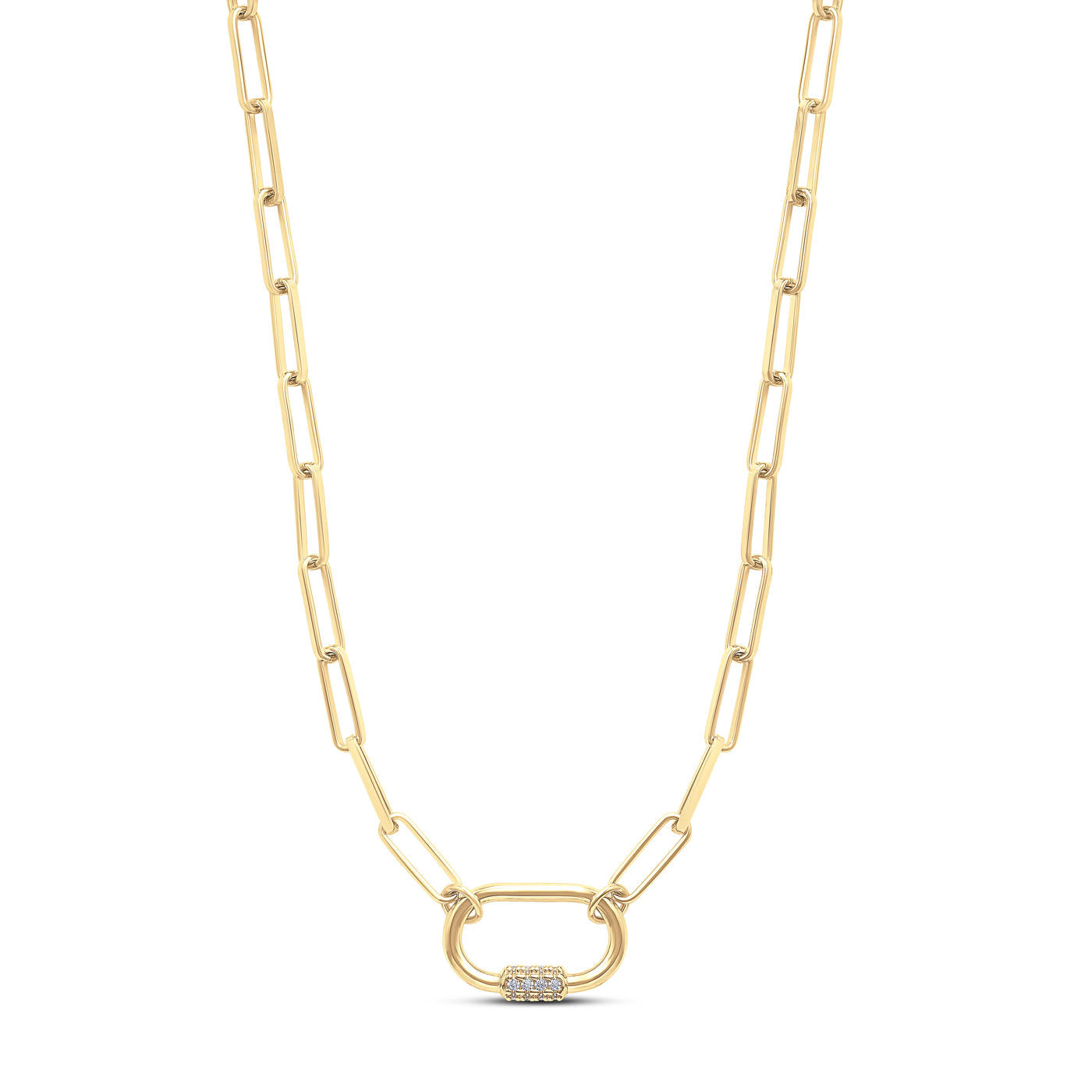 A Miss Mimi by Yael 18K yellow gold vermeil paperclip chain necklace featuring a horseshoe pendant, adorned with fine white stones and displayed on a white background.