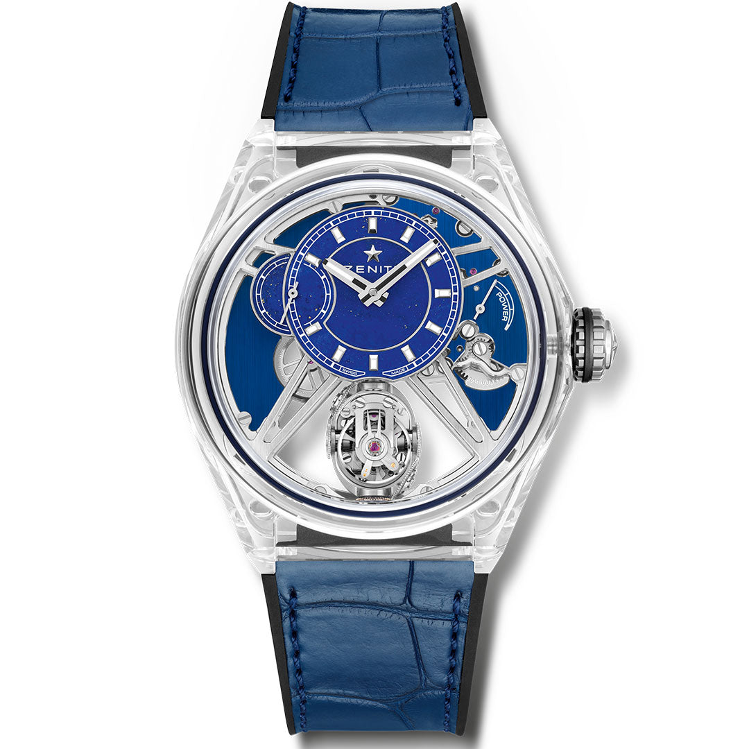The ZENITH Defy Zero G El Primero 8812 is a limited edition (10 pieces) luxury watch with a sapphire case, blue dial, visible tourbillon, skeletonized movement, silver accents, and blue leather strap. "Zenith" features on the face. 46mm size.