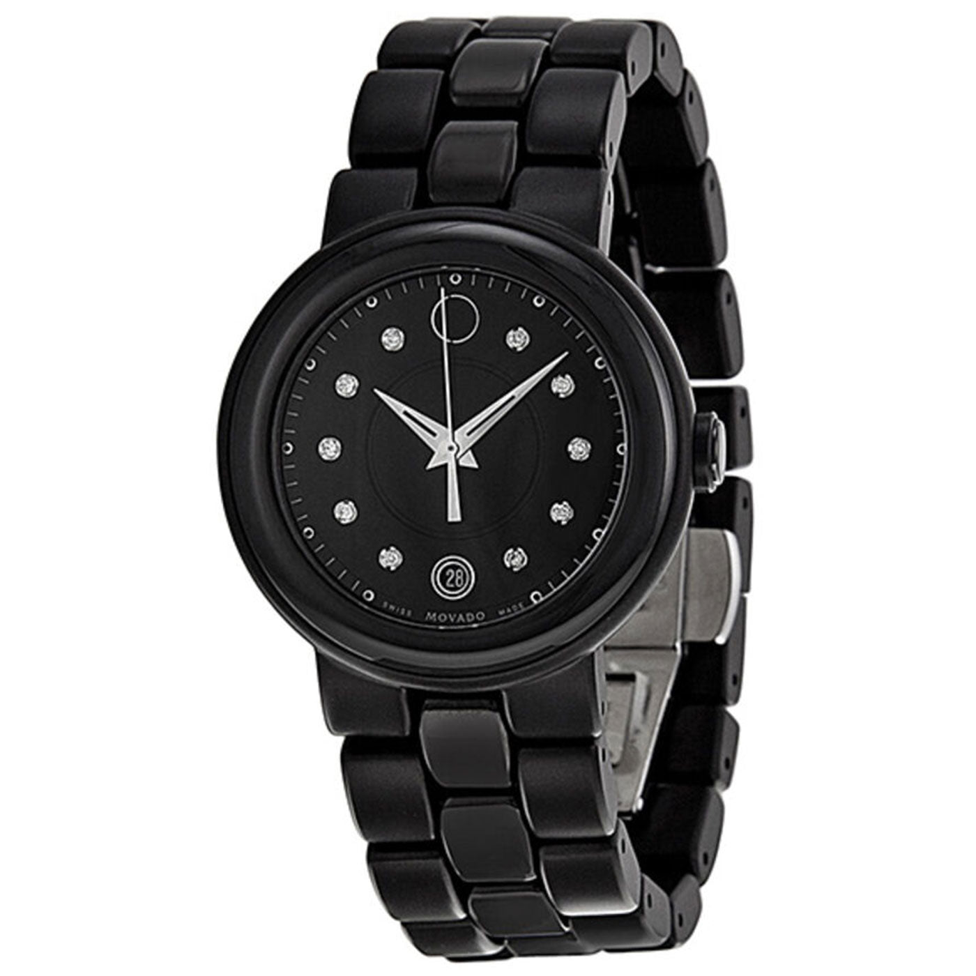 Introducing the Movado Cerena Quartz 36mm Watch, a sleek black timepiece from Movado featuring a round dial with minimalist silver hands and diamond-like hour markers. This watch includes a date display and is complemented by a sophisticated metal link bracelet.