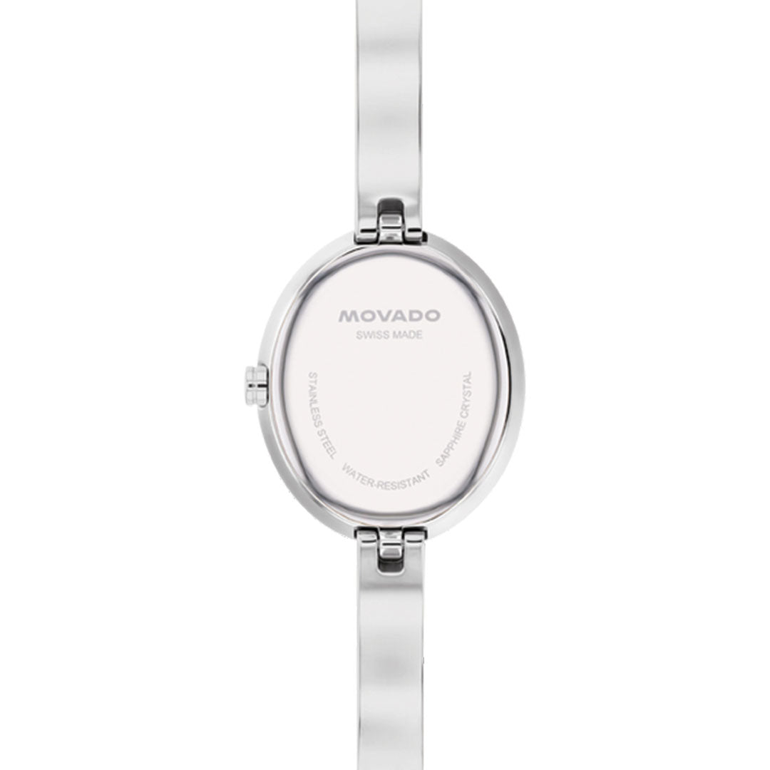 The back of the Movado Museum Bangle Quartz 21.5mm Watch features a silver stainless steel band and engraved details like "MOVADO," "SWISS MADE," and "SAPPHIRE CRYSTAL," highlighting this jewelry-inspired timepiece.