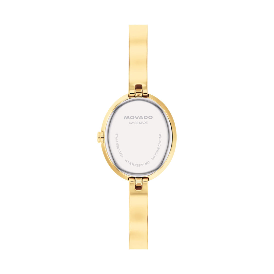 The Movado Museum Bangle Quartz 21.5mm x 25.5mm Watch by Movado features a gold, round case shown from the back, displaying “MOVADO SWISS MADE” along with details about its stainless steel construction, water resistance, and sapphire crystal. This elegantly simple jewelry-inspired timepiece offers a refined design.