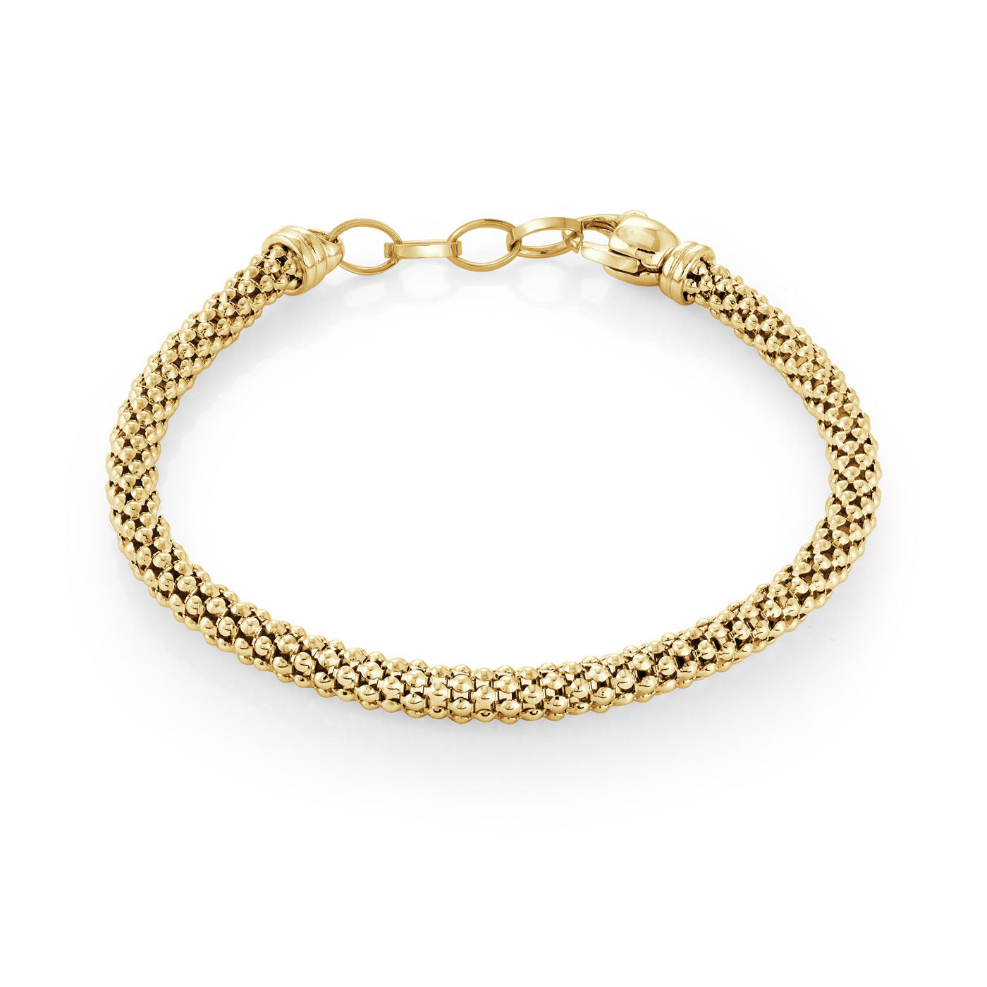 The Miss Mimi Classic Mesh 18K Yellow Gold Vermeil Bracelet by Miss Mimi by Yael features a textured, woven design with an adjustable clasp. Set flat against a white background, it highlights its intricate detail and gleaming surface, with an anti-tarnish finish ensuring lasting shine.