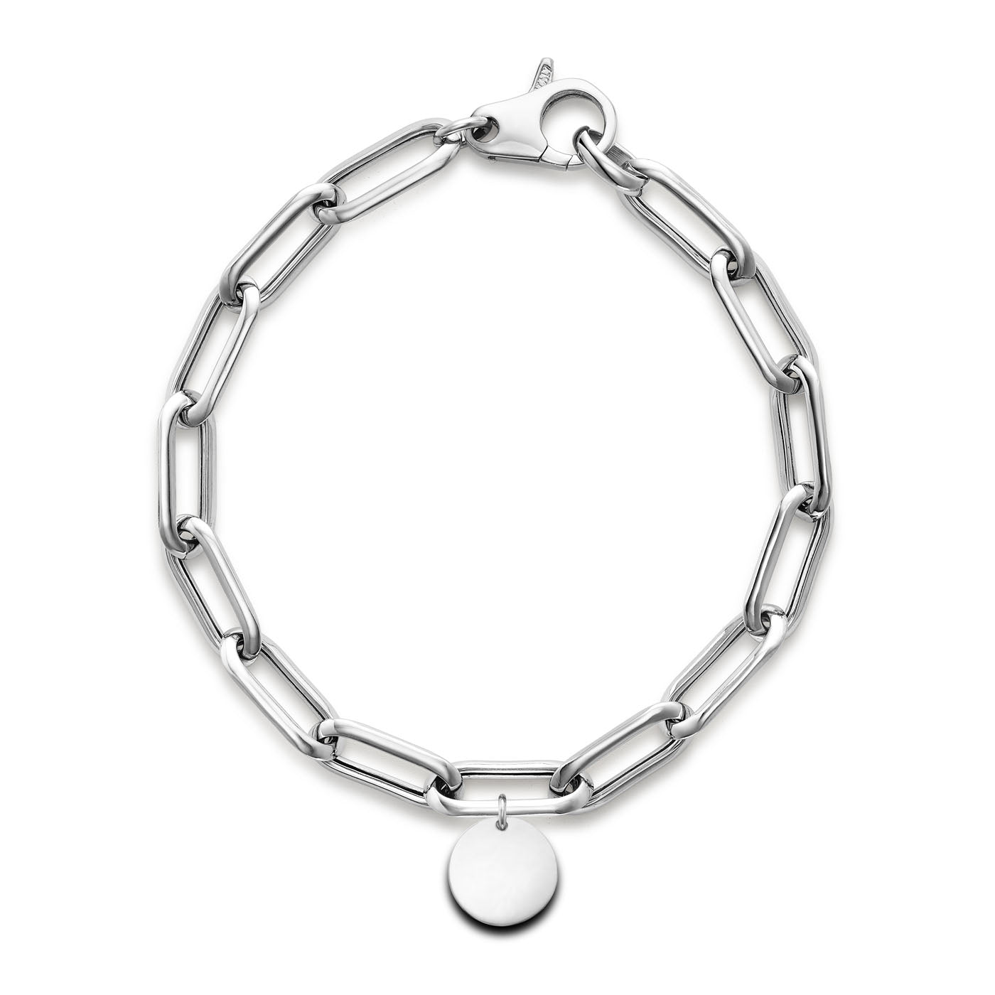 The Miss Mimi by Yael Sterling Silver Thick Paper Clip Link Chain Bracelet features elongated links and a round, flat engravable disc pendant. It comes with a lobster clasp closure and an adjustable length for a perfect fit.