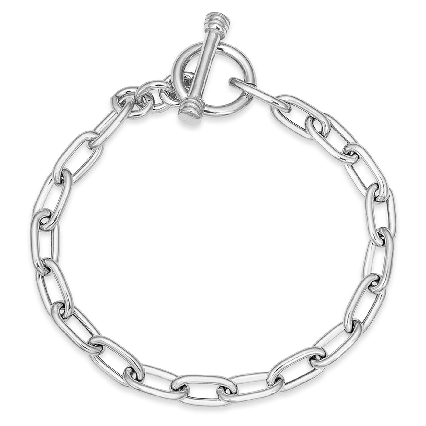The Miss Mimi Sterling Silver Chain Bracelet with Toggle Clasp by Miss Mimi by Yael showcases elongated, oval-shaped links and a toggle clasp. Its simple yet elegant design, complete with a polished finish, effortlessly adds sophistication to any ensemble at a length of 6.75 inches.