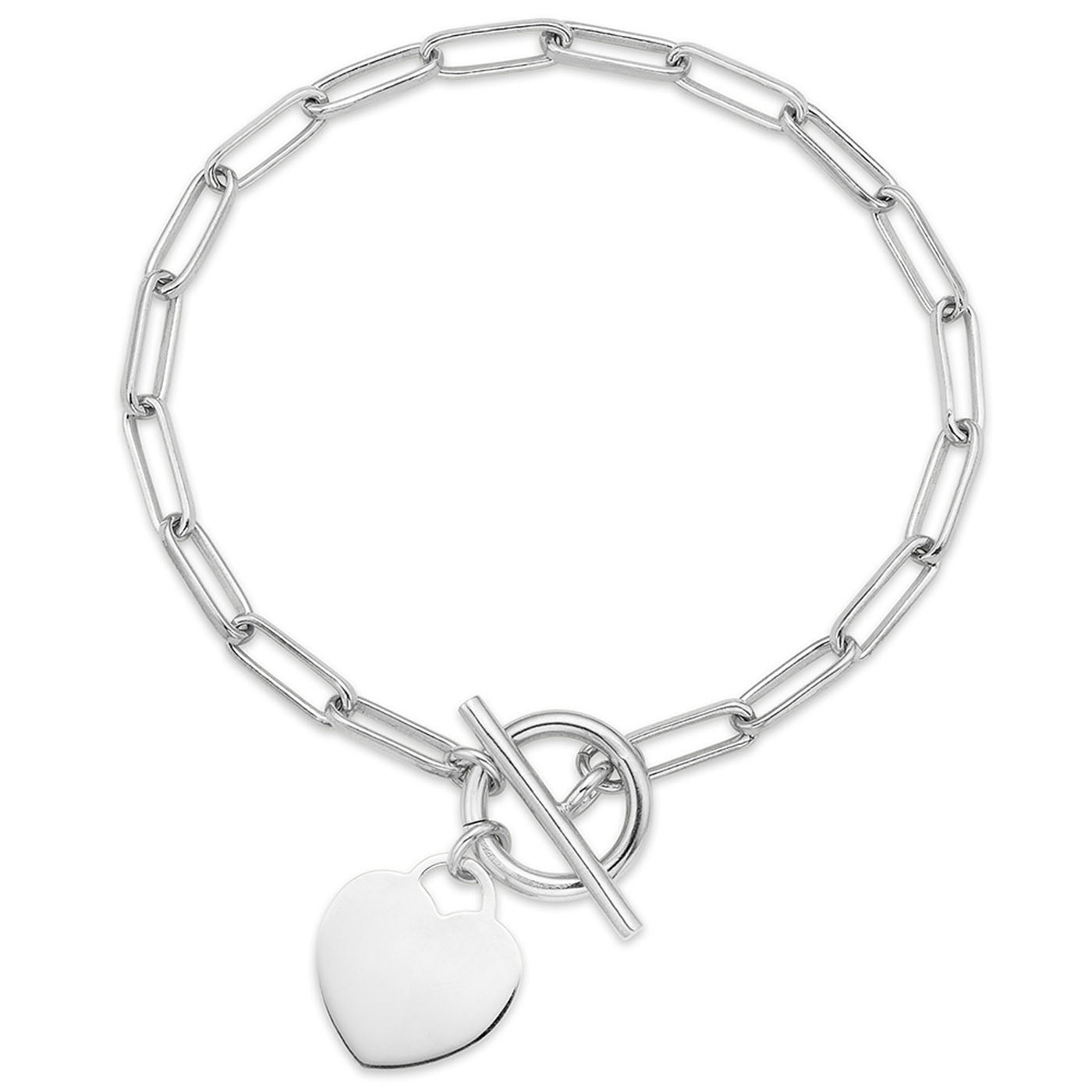 Introducing the Miss Mimi Toggle Clasp Sterling Silver Chain Bracelet with Heart Pendant by Miss Mimi by Yael. This bracelet showcases a heart-shaped pendant and a toggle clasp on its 7.5-inch sterling silver chain, which is designed with elongated links for a sleek and modern look, all beautifully presented against a plain white background.